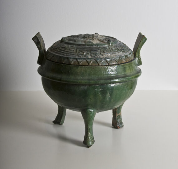 Green Glazed Ceramic Ding-Form Vessel and Cover