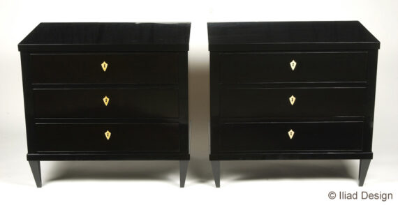 One of a pair of Biedermeier style petite three drawer commodes