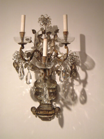 A fine pair of embossed glass and crystal baguette wall sconces