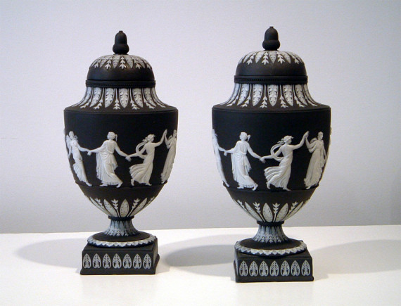 A fine pair of black Jasperware urns